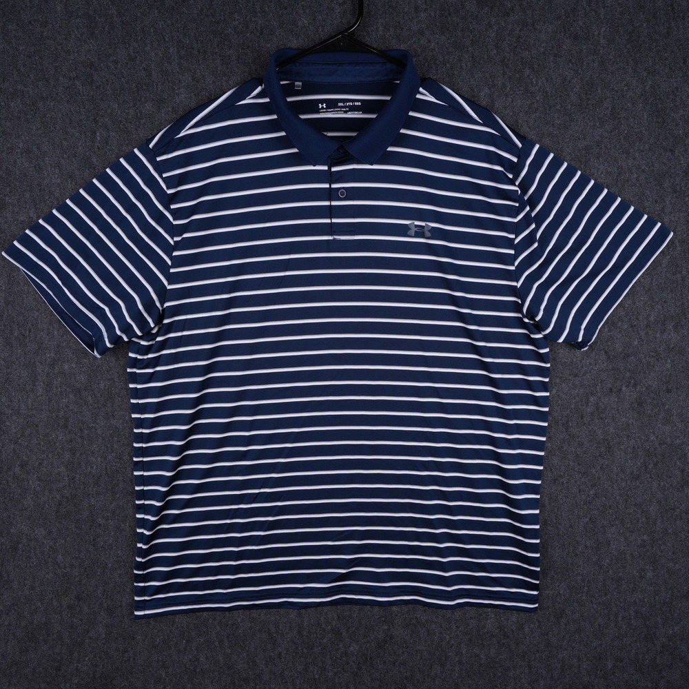 Under Armour HeatGear Polo Shirt Mens 2XL Navy Blue Striped Excellent Loose Fit